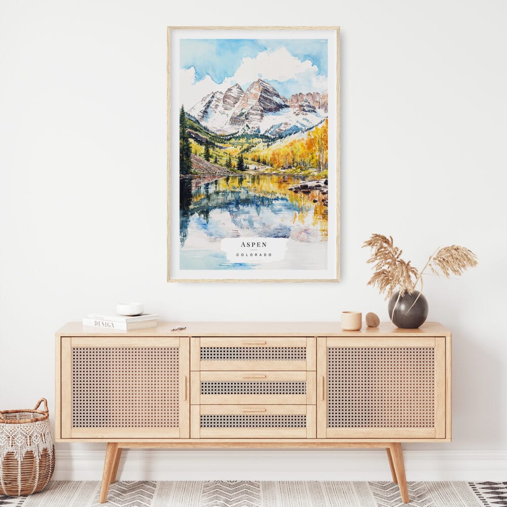 02 - Maroon Bells Aspen Colorado Watercolor Art Print Hanging above Shelf.jpg 02 - Maroon Bells Aspen Colorado Watercolor Art Print Hanging above Shelf.jpg
