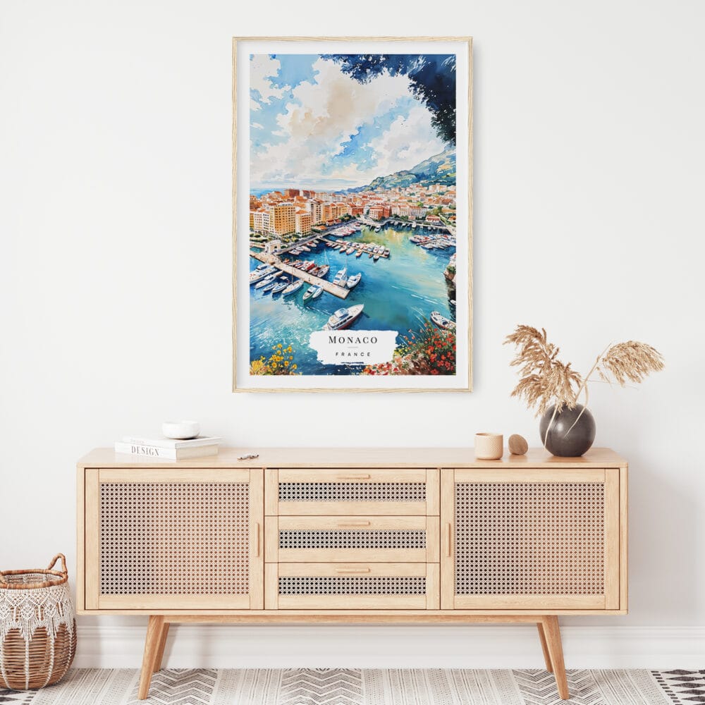02 - Monaco France Watercolor Art Print Hanging above Shelf.jpg 02 - Monaco France Watercolor Art Print Hanging above Shelf.jpg