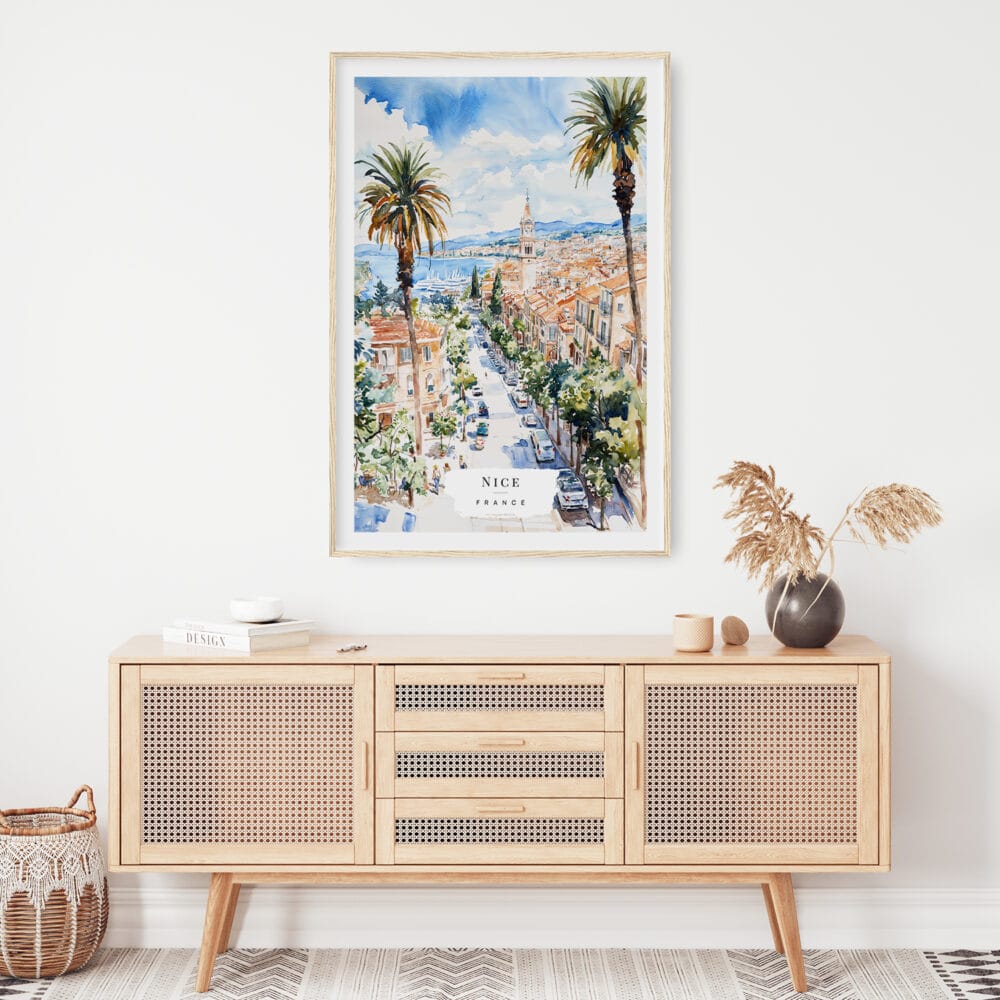 02 - Nice France Watercolor Art Print Hanging above Shelf.jpg 02 - Nice France Watercolor Art Print Hanging above Shelf.jpg