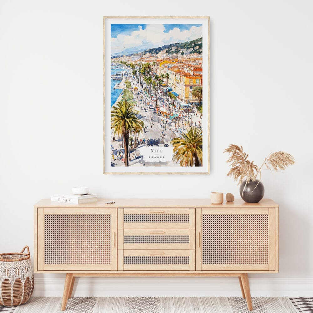 02 - Nice French Riviera Watercolor Art Print Hanging above Shelf.jpg 02 - Nice French Riviera Watercolor Art Print Hanging above Shelf.jpg