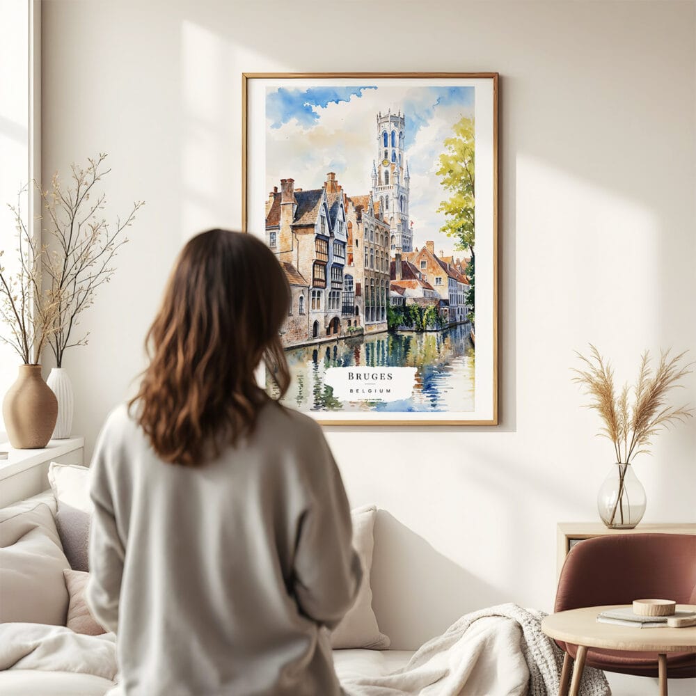 03 - Framed Bruges Belgium Watercolor Wall Art - In Living Room with Woman Looking at it - Portrait.jpg 03 - Framed Bruges Belgium Watercolor Wall Art - In Living Room with Woman Looking at it - Portrait.jpg