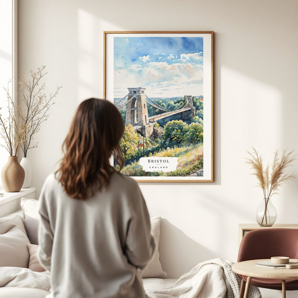 03 - Framed Clifton Bridge Bristol Watercolor Wall Art - In Living Room with Woman Looking at it - Portrait.jpg 03 - Framed Clifton Bridge Bristol Watercolor Wall Art - In Living Room with Woman Looking at it - Portrait.jpg