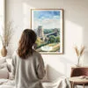 03 - Framed Clifton Bridge Bristol Watercolor Wall Art - In Living Room with Woman Looking at it - Portrait.jpg