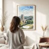03 - Framed Clifton Bridge Bristol Watercolor Wall Art - In Living Room with Woman Looking at it - Portrait.jpg