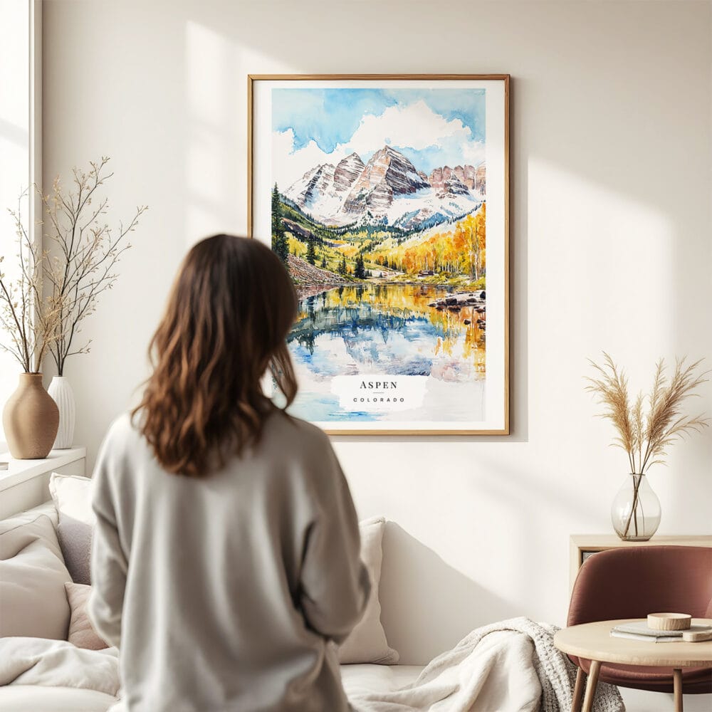 03 - Framed Maroon Bells Aspen Colorado Watercolor Wall Art - In Living Room with Woman Looking at it - Portrait.jpg 03 - Framed Maroon Bells Aspen Colorado Watercolor Wall Art - In Living Room with Woman Looking at it - Portrait.jpg