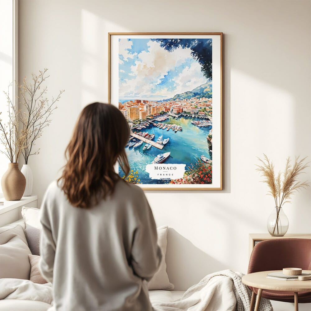 03 - Framed Monaco France Watercolor Wall Art - In Living Room with Woman Looking at it - Portrait.jpg 03 - Framed Monaco France Watercolor Wall Art - In Living Room with Woman Looking at it - Portrait.jpg