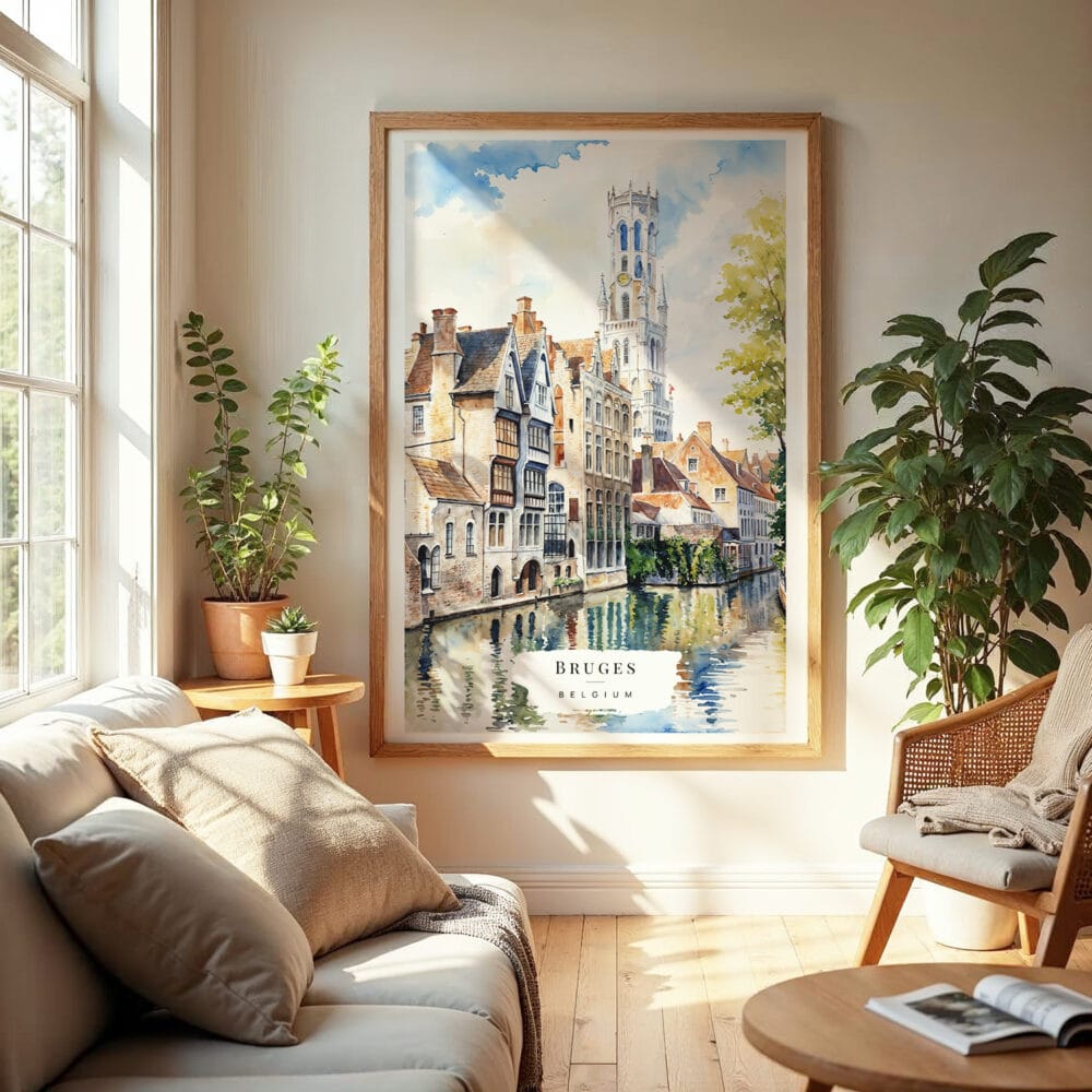 04 - Bruges Belgium Watercolor Wall Art in Boho Living Room.jpg 04 - Bruges Belgium Watercolor Wall Art in Boho Living Room.jpg