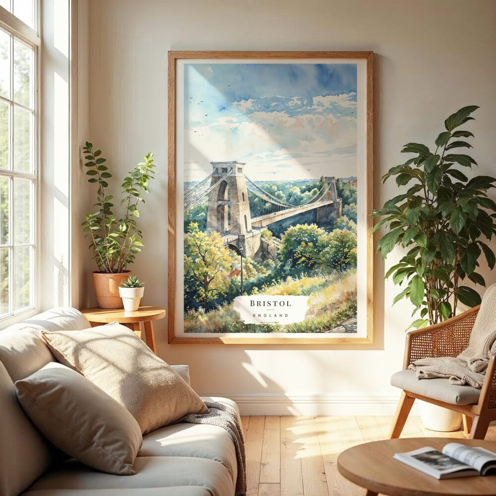 04 - Clifton Bridge Bristol Watercolor Wall Art in Boho Living Room.jpg 04 - Clifton Bridge Bristol Watercolor Wall Art in Boho Living Room.jpg