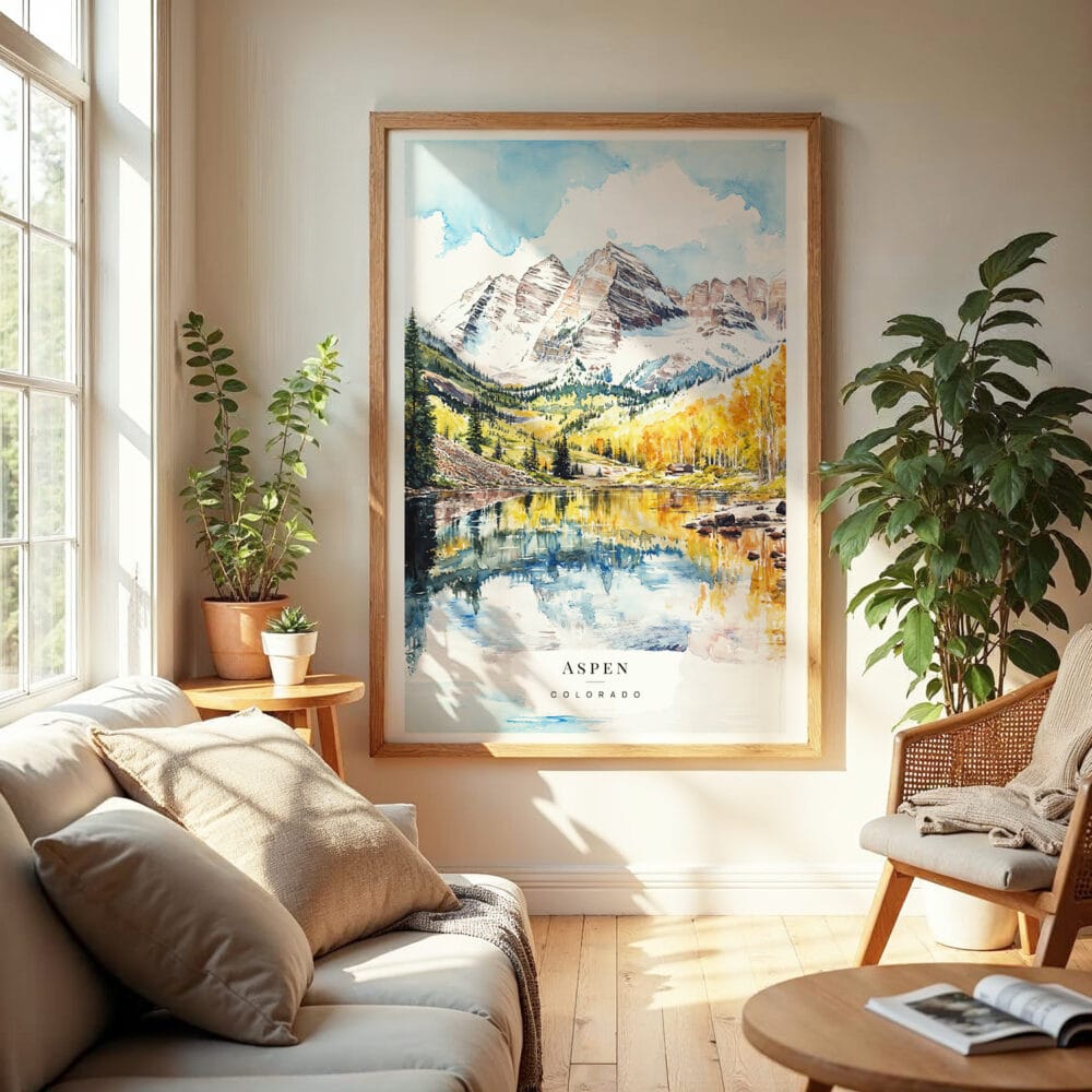 04 - Maroon Bells Aspen Colorado Watercolor Wall Art in Boho Living Room.jpg 04 - Maroon Bells Aspen Colorado Watercolor Wall Art in Boho Living Room.jpg