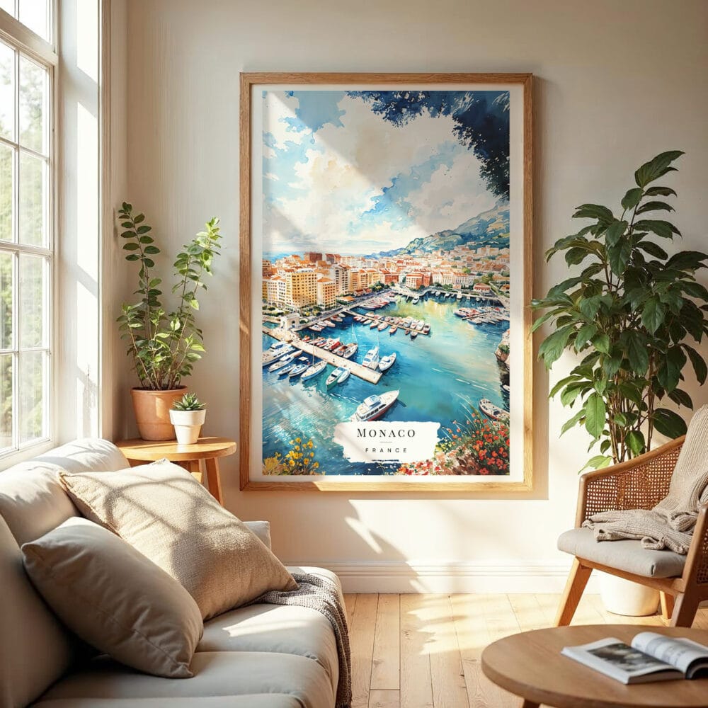 04 - Monaco France Watercolor Wall Art in Boho Living Room.jpg 04 - Monaco France Watercolor Wall Art in Boho Living Room.jpg