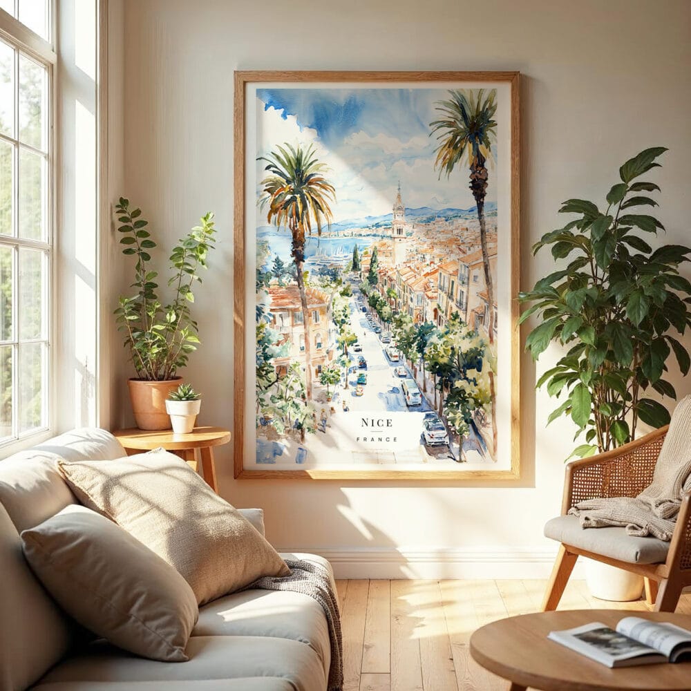 04 - Nice France Watercolor Wall Art in Boho Living Room.jpg 04 - Nice France Watercolor Wall Art in Boho Living Room.jpg