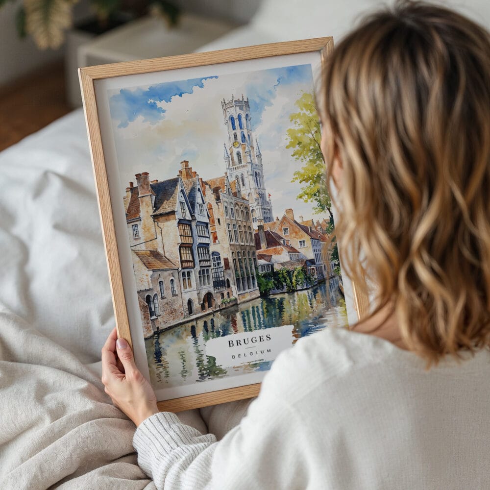 05 - Woman Holding Framed Bruges Belgium Watercolor Wall Art - Portrait.jpg 05 - Woman Holding Framed Bruges Belgium Watercolor Wall Art - Portrait.jpg