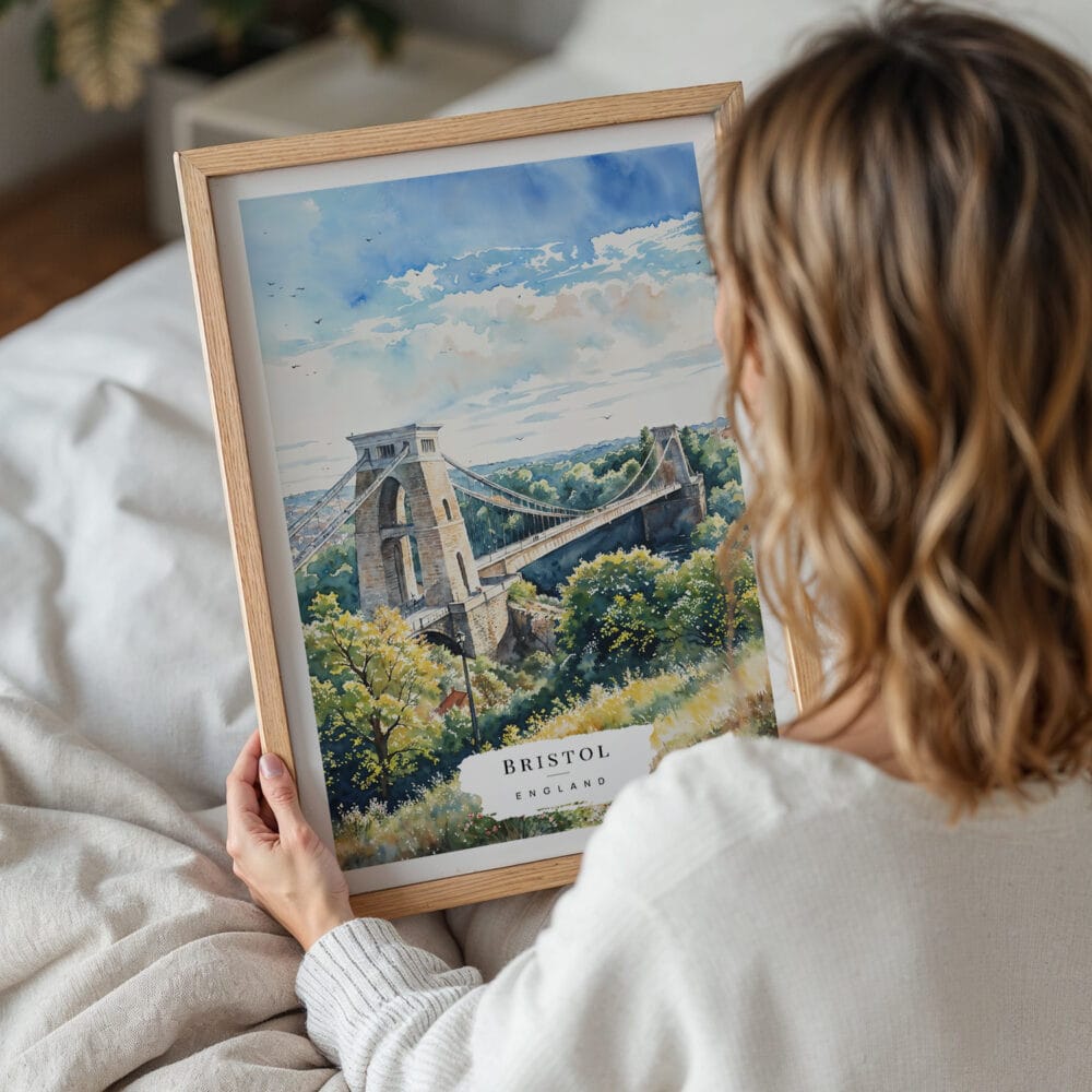 05 - Woman Holding Framed Clifton Bridge Bristol Watercolor Wall Art - Portrait.jpg 05 - Woman Holding Framed Clifton Bridge Bristol Watercolor Wall Art - Portrait.jpg