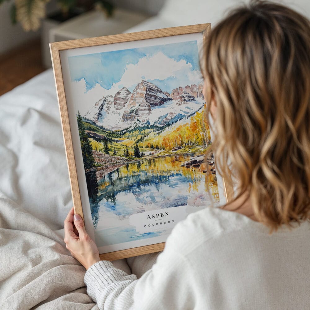 05 - Woman Holding Framed Maroon Bells Aspen Colorado Watercolor Wall Art - Portrait.jpg 05 - Woman Holding Framed Maroon Bells Aspen Colorado Watercolor Wall Art - Portrait.jpg