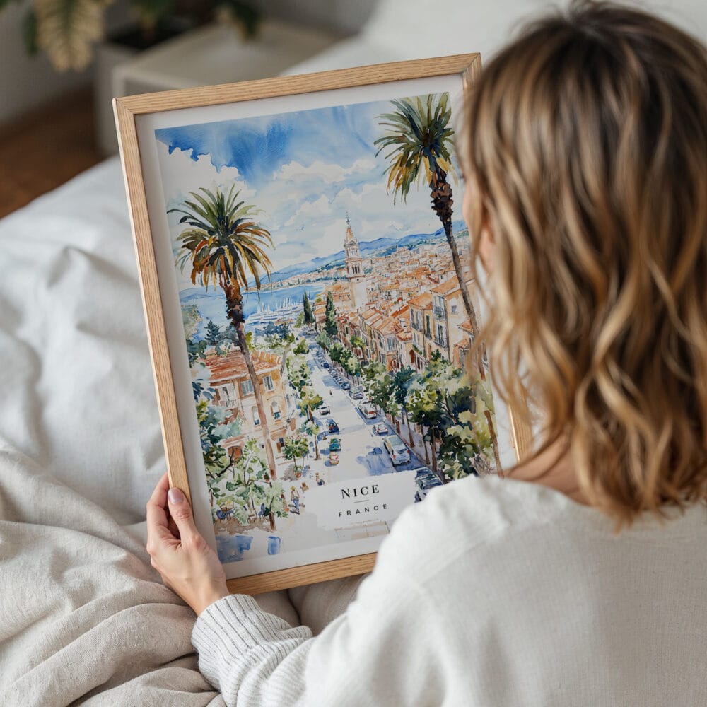 05 - Woman Holding Framed Nice France Watercolor Wall Art - Portrait.jpg 05 - Woman Holding Framed Nice France Watercolor Wall Art - Portrait.jpg