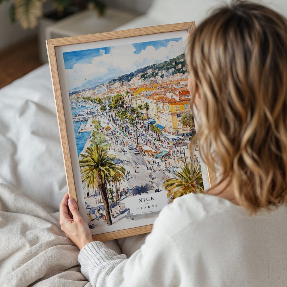 05 - Woman Holding Framed Nice French Riviera Watercolor Wall Art - Portrait.jpg 05 - Woman Holding Framed Nice French Riviera Watercolor Wall Art - Portrait.jpg