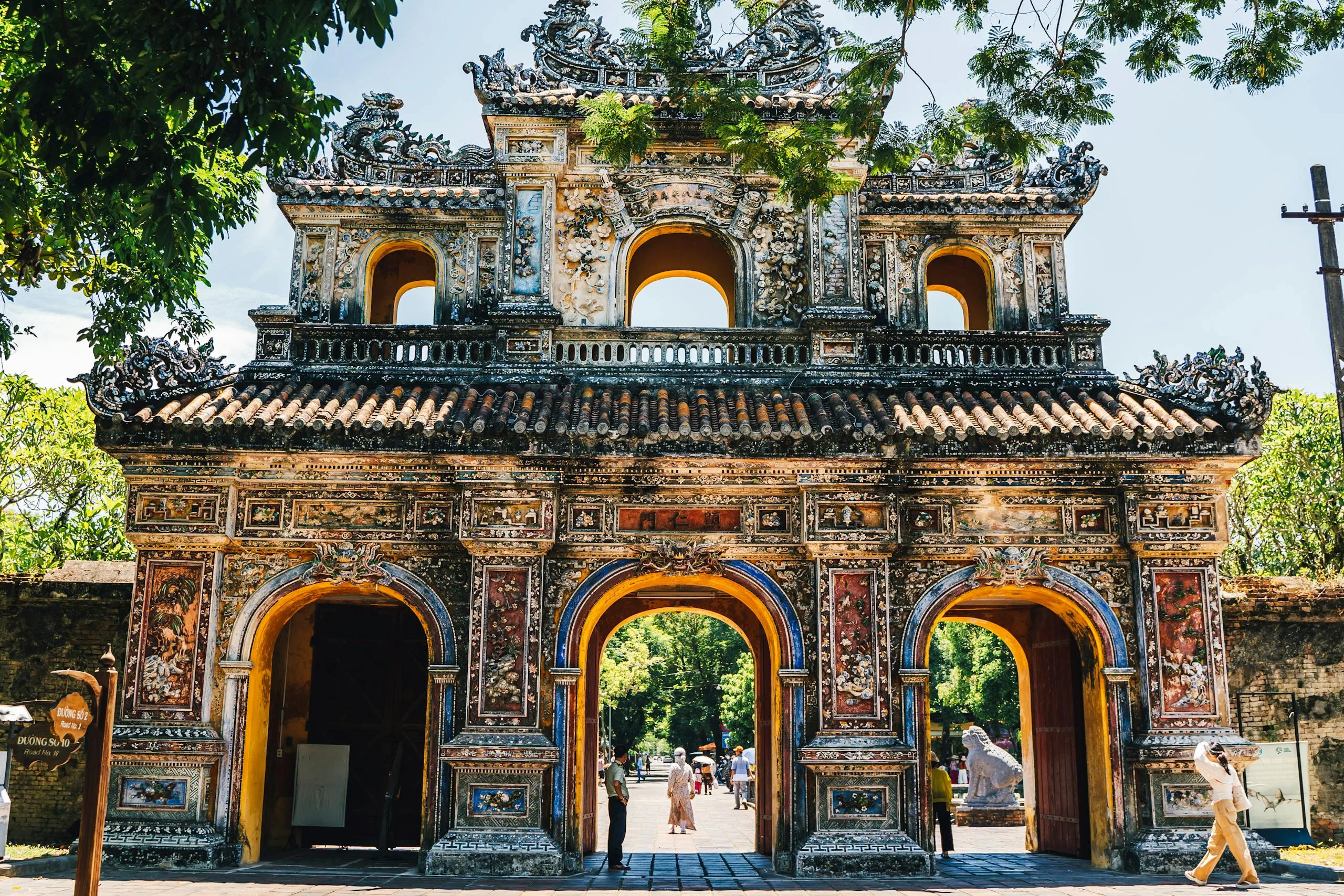 Intricate architectural details of the historic gate in the Imperial City of Huế, Vietnam.