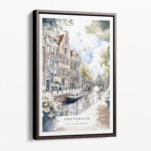00 - Framed Amsterdam - Grachtengordel Boat - Watercolor Canvas Print - Portrait - Main.jpg