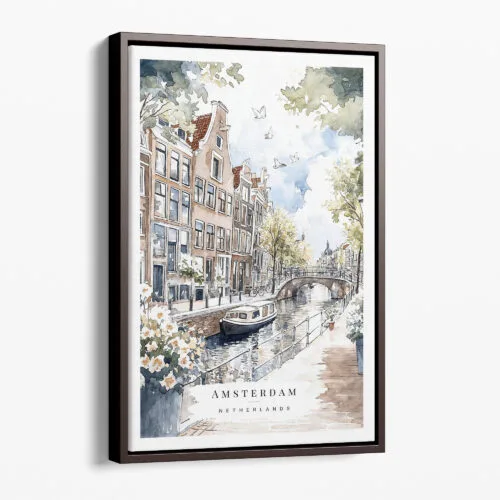 00 - Framed Amsterdam - Grachtengordel Boat - Watercolor Canvas Print - Portrait - Main.jpg