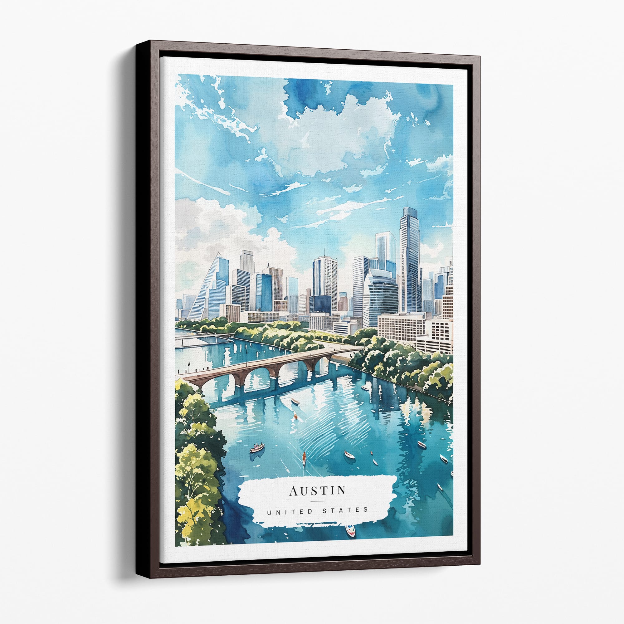 Austin Texas Watercolor Canvas Print - Tranquil Cityscape Wall Art