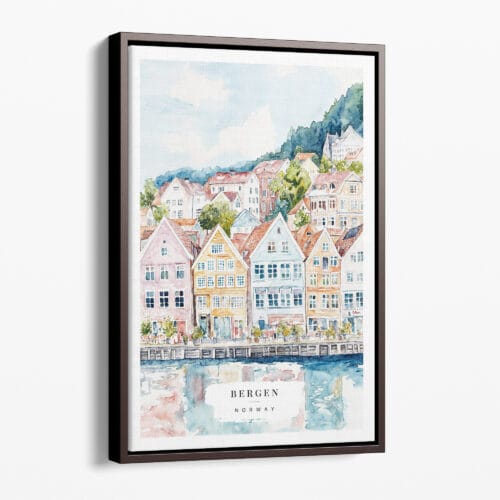 00 - Framed Bergen Norway Houses Watercolor Canvas Print - Portrait - Main.jpg