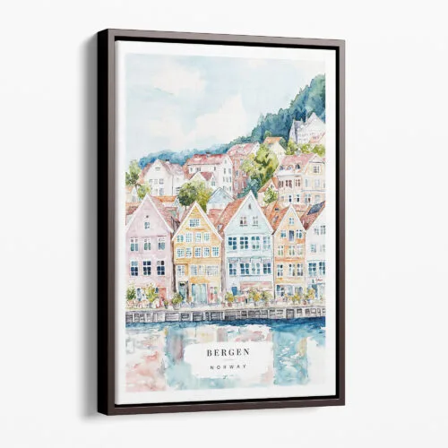 00 - Framed Bergen Norway Houses Watercolor Canvas Print - Portrait - Main.jpg