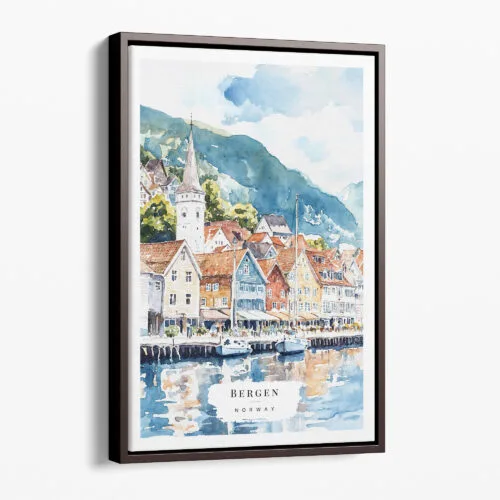 00 - Framed Bergen Norway Watercolor 1 Canvas Print - Portrait - Main.jpg