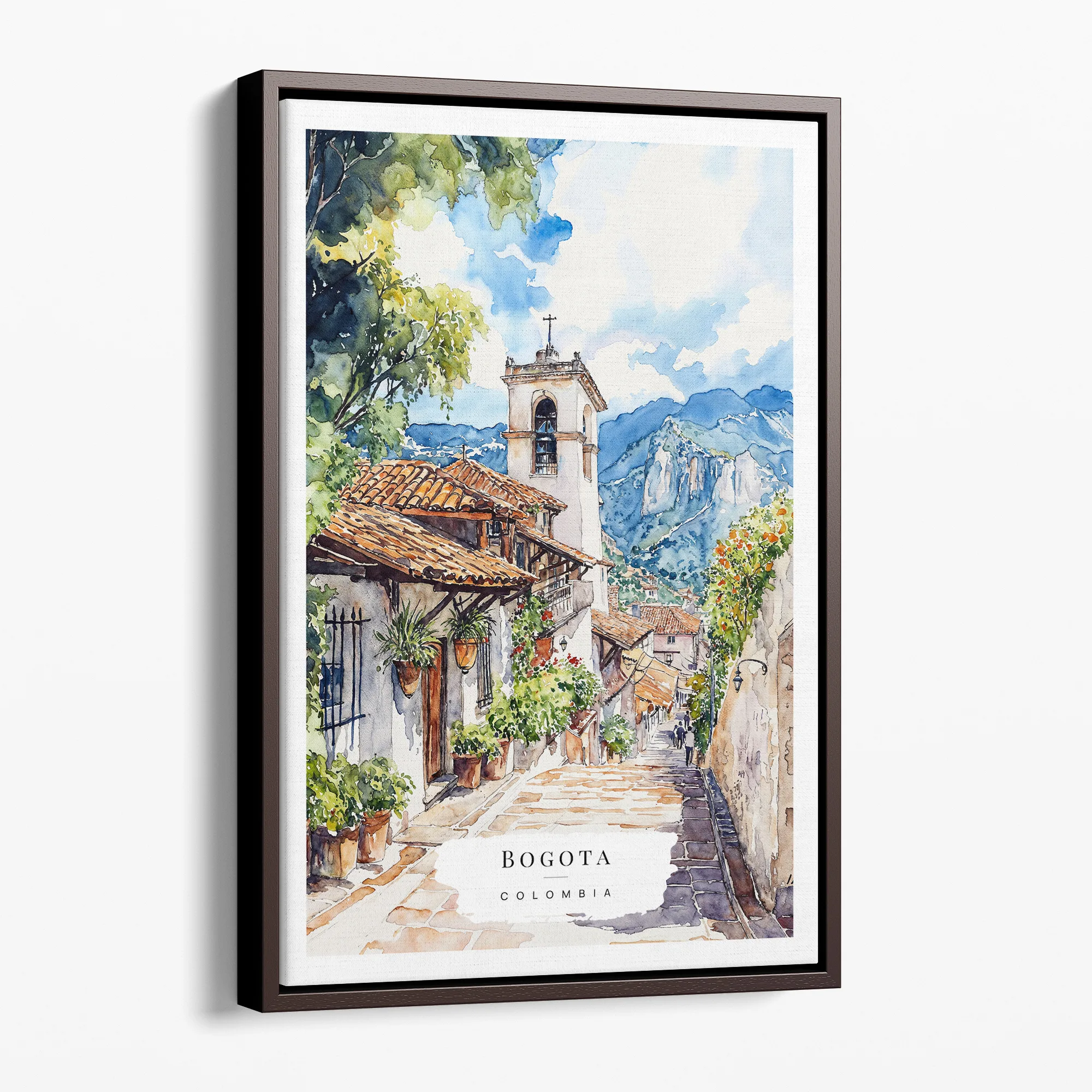 Framed Bogota Colombia Watercolor Canvas Print – Charming Street Scene Wall Art