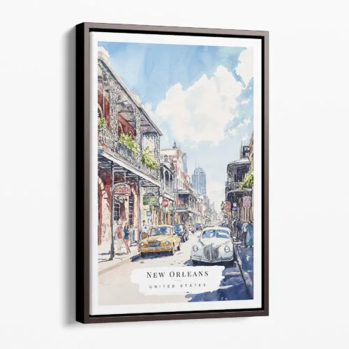 00 - Framed Bourbon Street New Orleans Watercolor Canvas Print - Portrait - Main.jpg