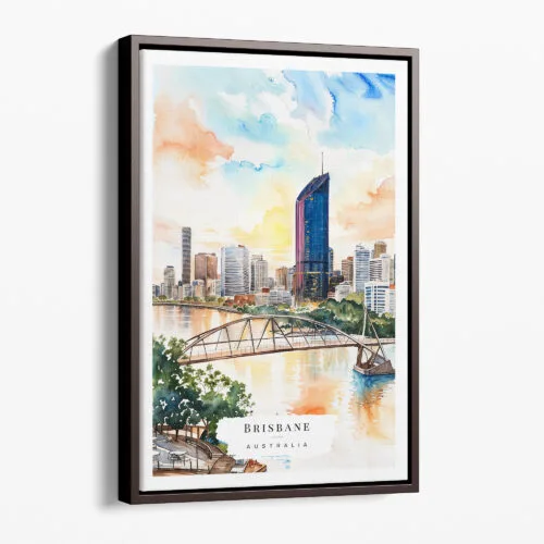 00 - Framed Brisbane Skyline Watercolor Canvas Print - Portrait - Main.jpg