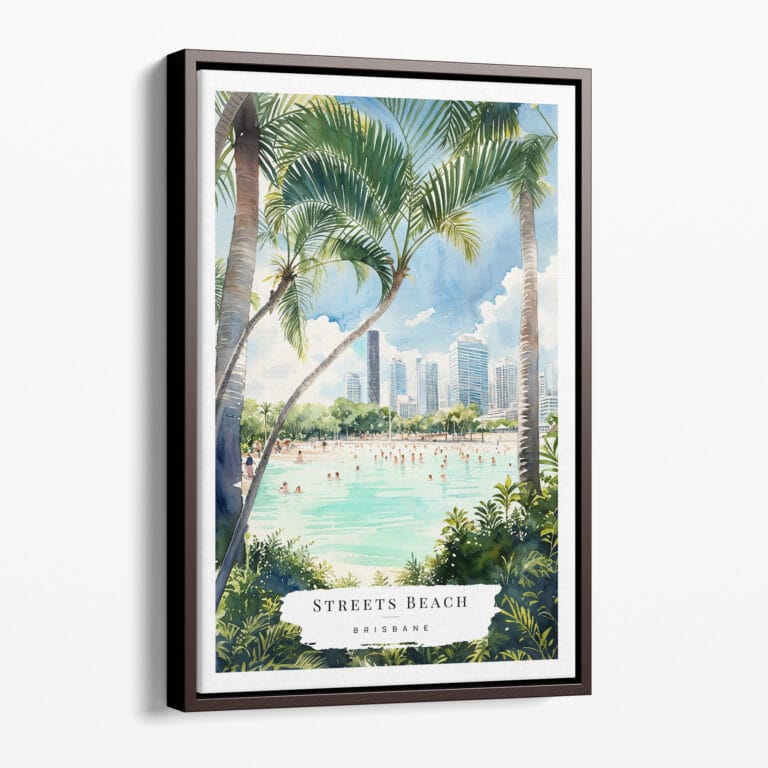 00 - Framed Brisbane Streets Beach Watercolor Canvas Print - Portrait - Main.jpg