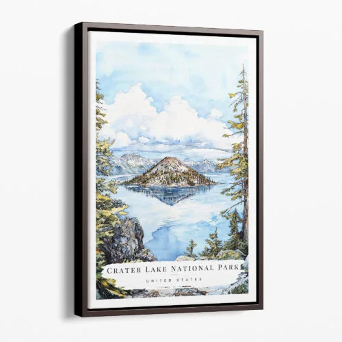 00 - Framed Crater Lake National Park Watercolor Canvas Print - Portrait - Main.jpg