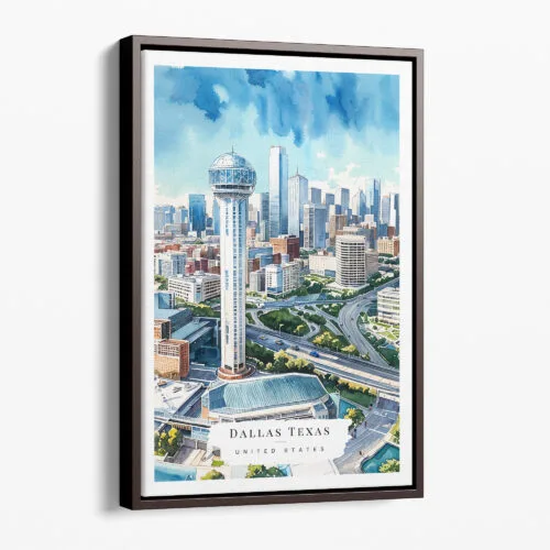 00 - Framed Dallas Texas Skyline Watercolor Canvas Print - Portrait - Main.jpg