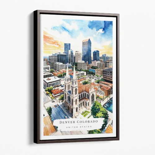 00 - Framed Denver Colorado Skyline Watercolor Canvas Print - Portrait - Main.jpg