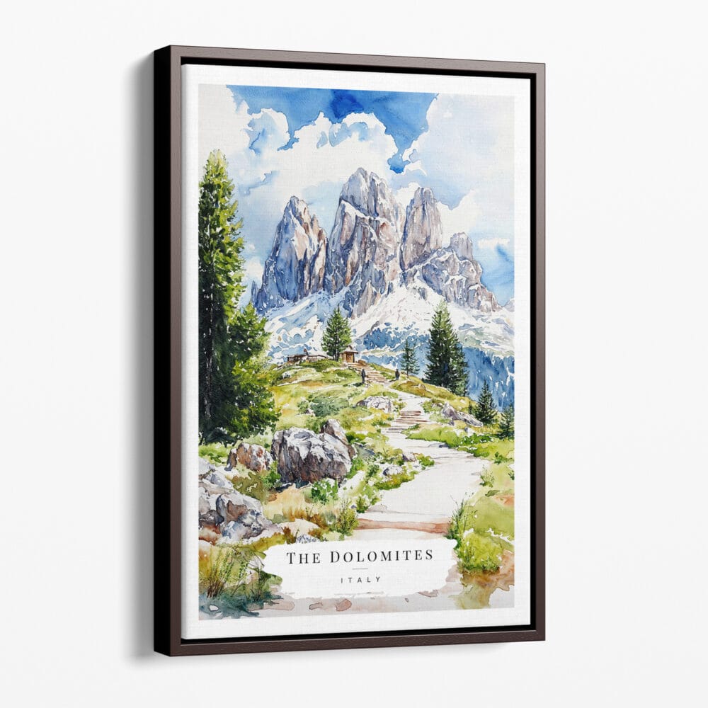 00 - Framed Dolomites Hiking Watercolor Canvas Print - Portrait - Main.jpg