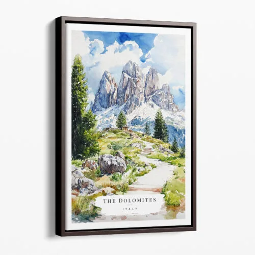 00 - Framed Dolomites Hiking Watercolor Canvas Print - Portrait - Main.jpg