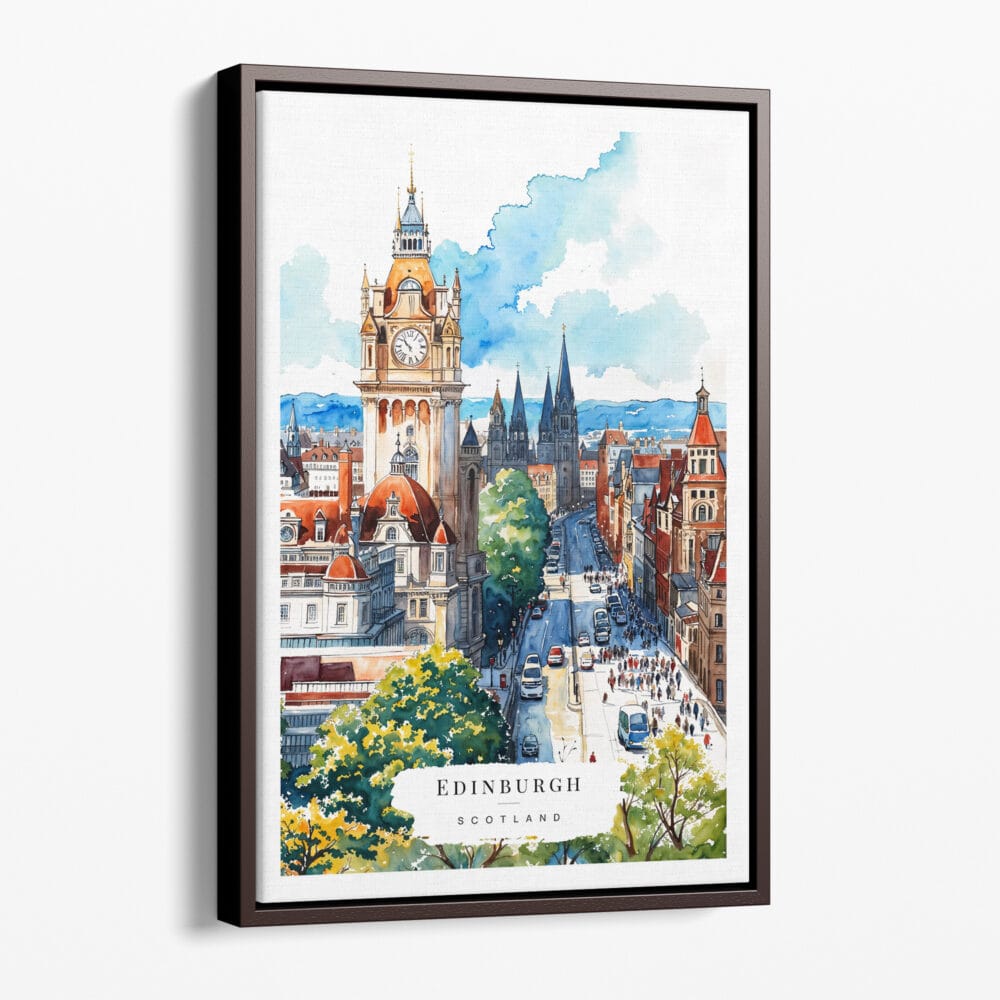 00 - Framed Edinburgh Skyline Watercolor Canvas Print - Portrait - Main.jpg