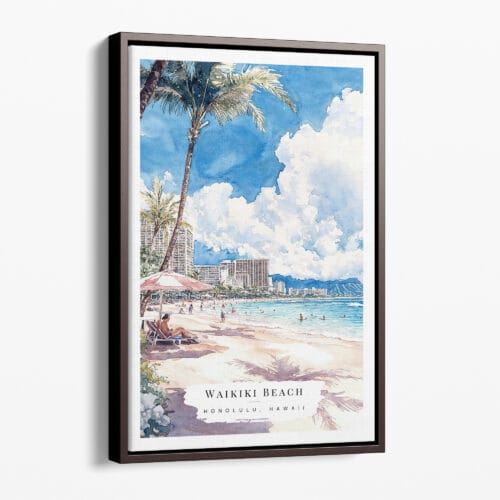 00 - Framed Hawaii Honolulu Waikiki - Watercolor Canvas Print - Portrait - Main.jpg