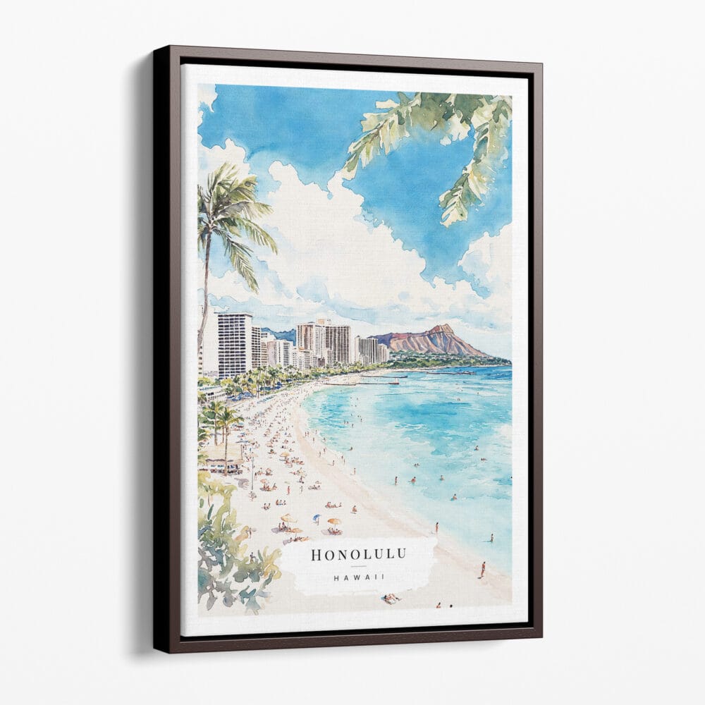 00 - Framed Hawaii Honolulu - Watercolor Canvas Print - Portrait - Main.jpg