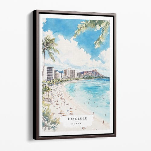00 - Framed Hawaii Honolulu - Watercolor Canvas Print - Portrait - Main.jpg