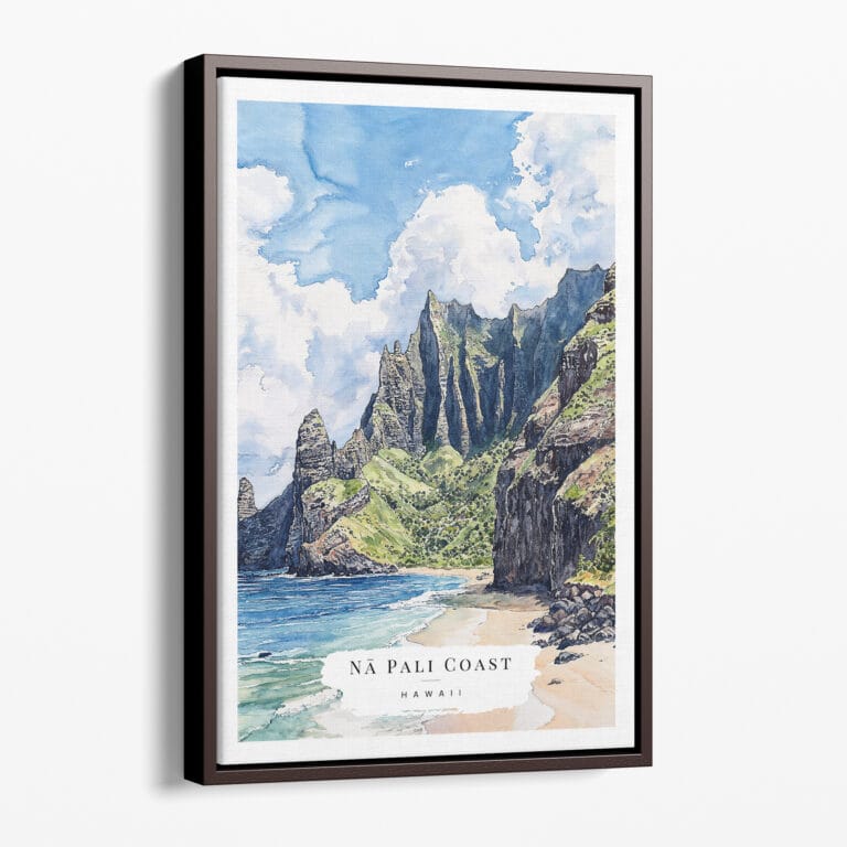 00 - Framed Hawaii Na pali Coast - Watercolor Canvas Print - Portrait - Main.jpg