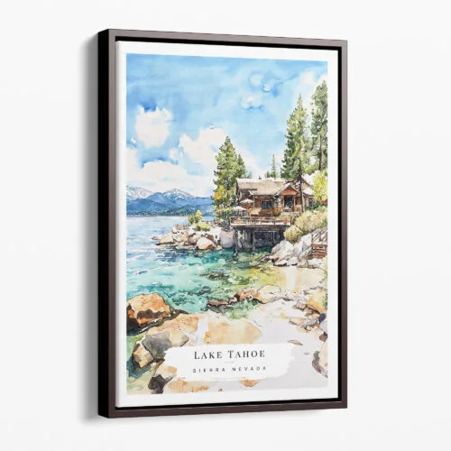 00 - Framed Lake Tahoe Cabin Watercolor Canvas Print - Portrait - Main.jpg