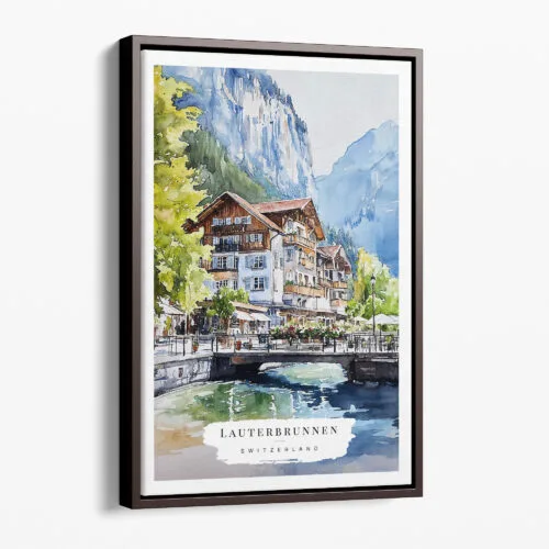 00 - Framed Lauterbrunnen Switzerland Watercolor Canvas Print - Portrait - Main.jpg