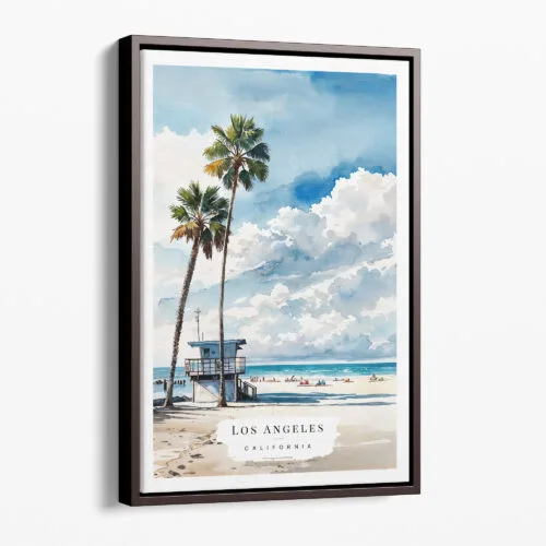 00 - Framed Los Angeles beach lifeguard tower Watercolor Canvas Print - Portrait - Main.jpg