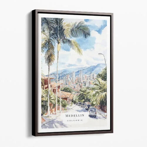 00 - Framed Medellin Colombia Watercolor Canvas Print - Portrait - Main.jpg