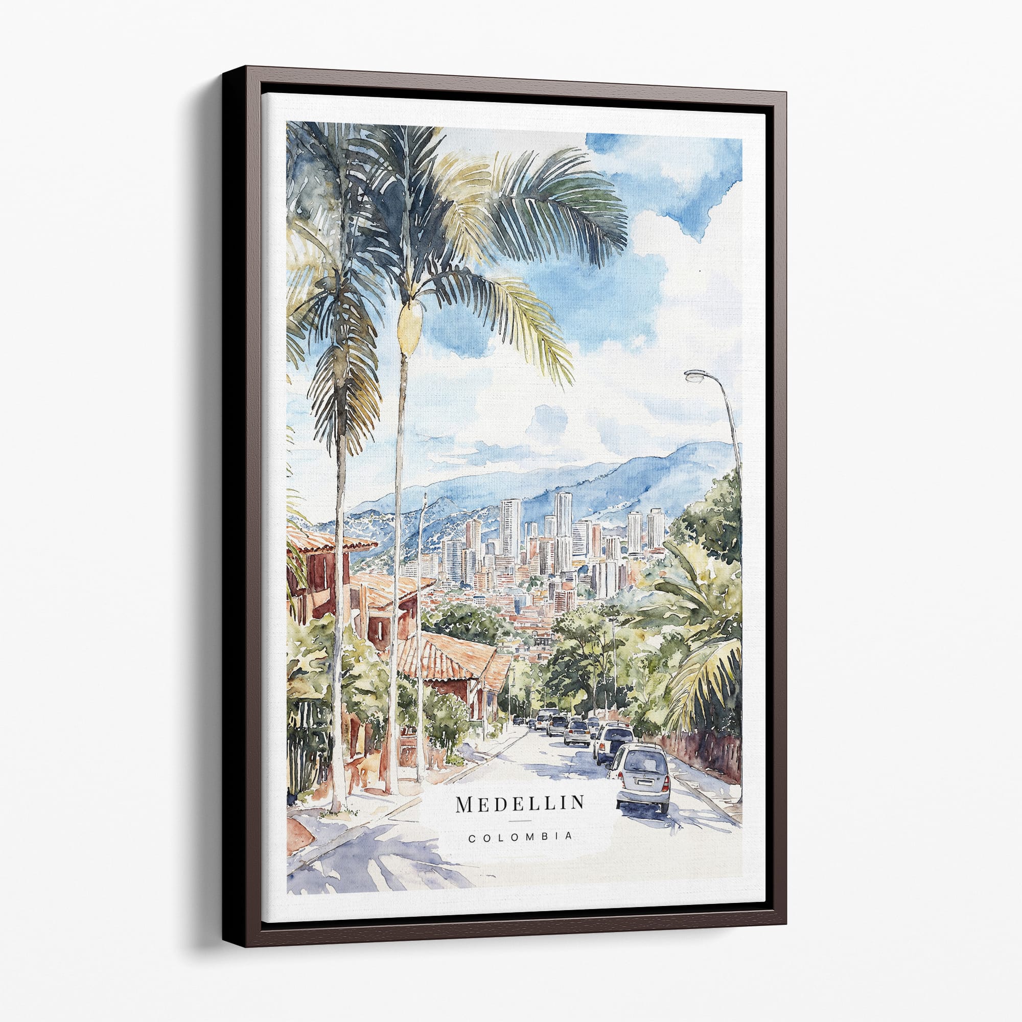 Medellin Colombia Watercolor Canvas Print – Vibrant Cityscape Wall Art