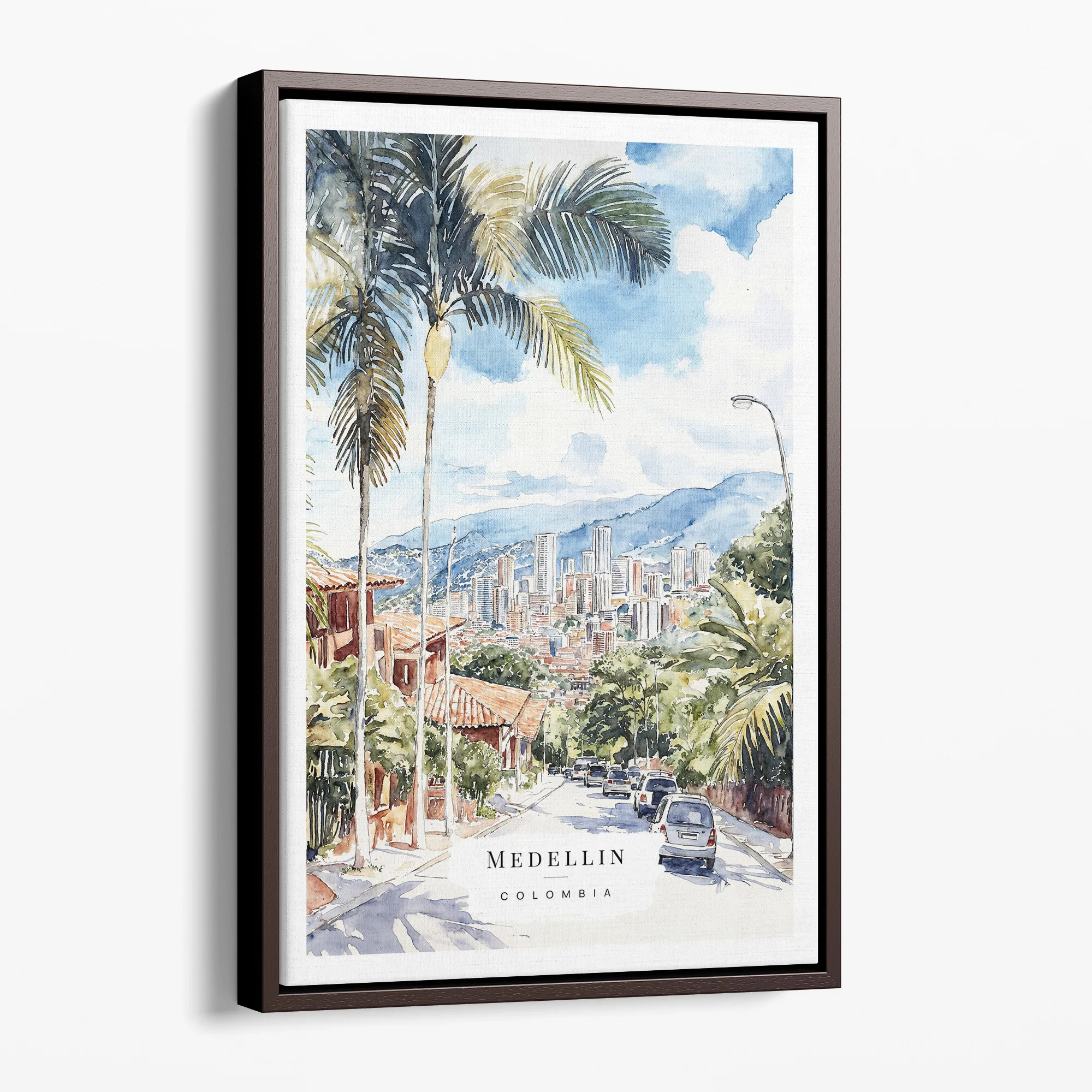 Medellin Colombia Watercolor Canvas Print – Vibrant Cityscape Wall Art