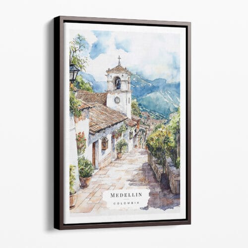 00 - Framed Medellin Old Town Watercolor Canvas Print - Portrait - Main.jpg