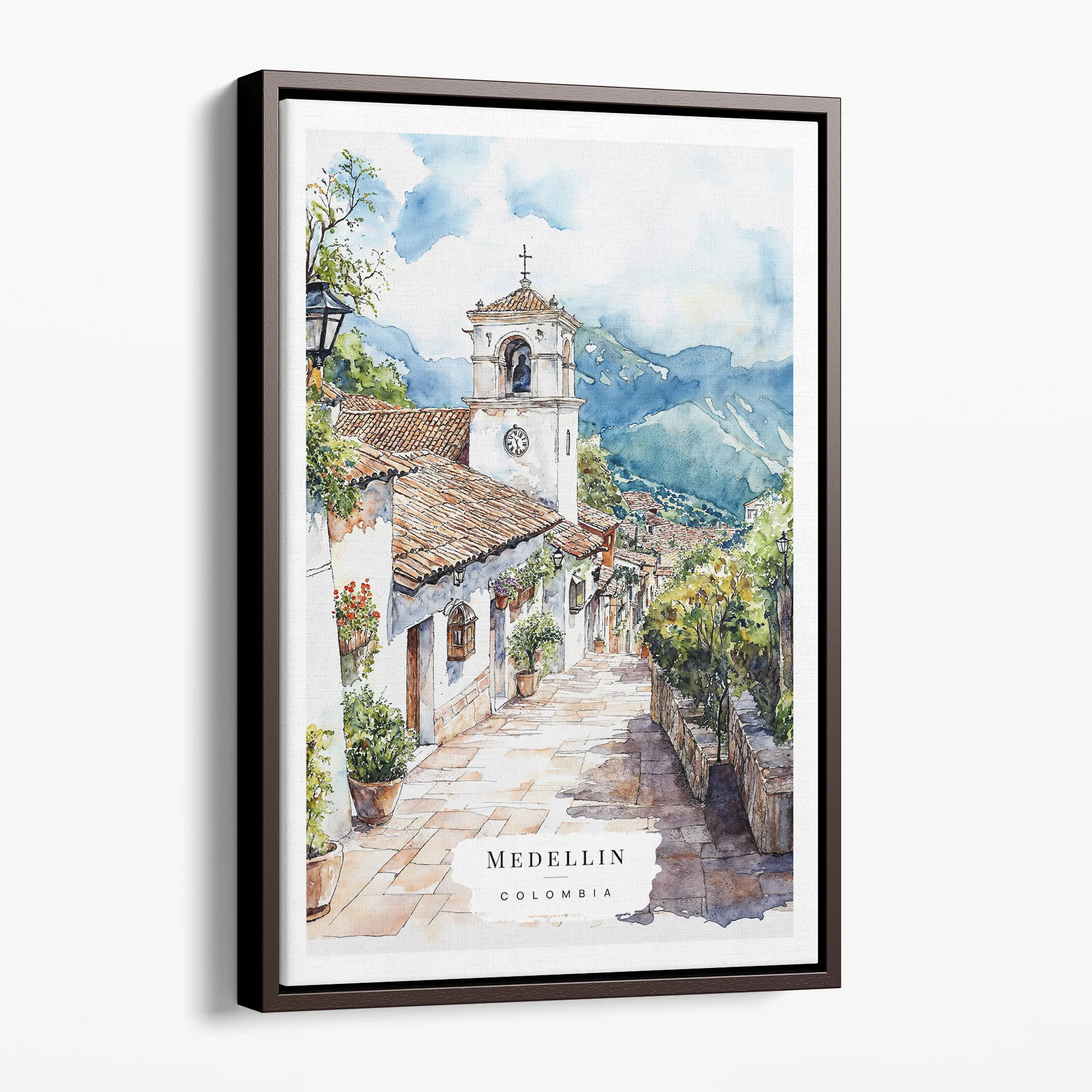 Medellin Old Town Watercolor Canvas Print – Charming Colombian Street Scene Wall Art