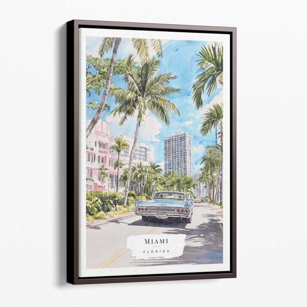 00 - Framed Miami Watercolor Canvas Print - Portrait - Main.jpg